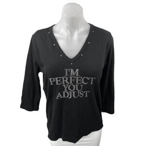 Isaac's Designs Black I'm Perfect You Adjust 3/4 Sleeve V Neck T Shirt Tee Top S